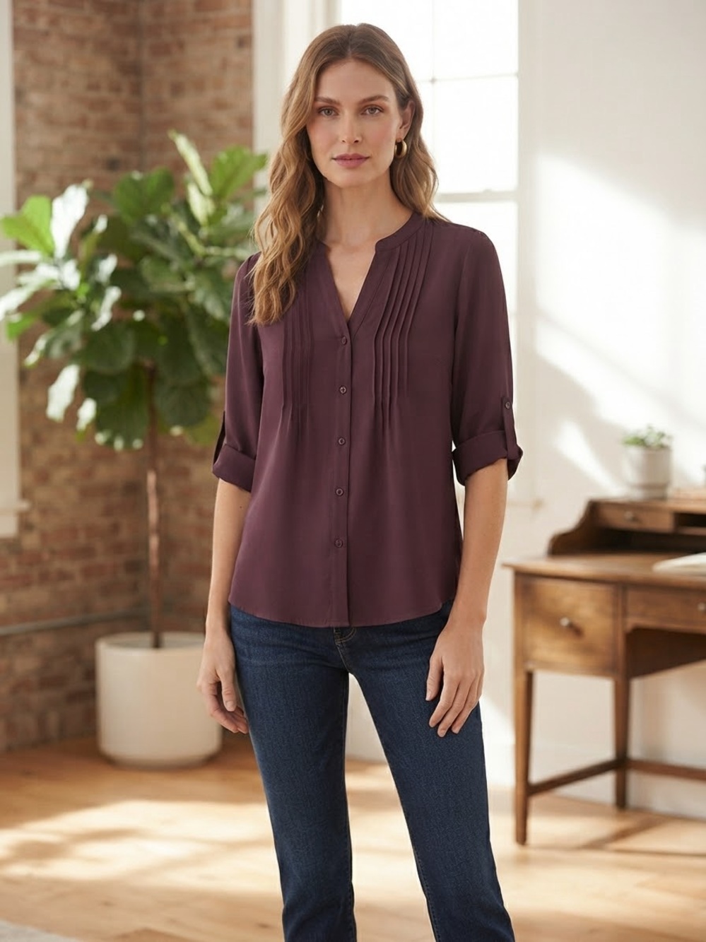 Simply Vera Vera Wang Plum Pleated V-Neck Button Front Blouse